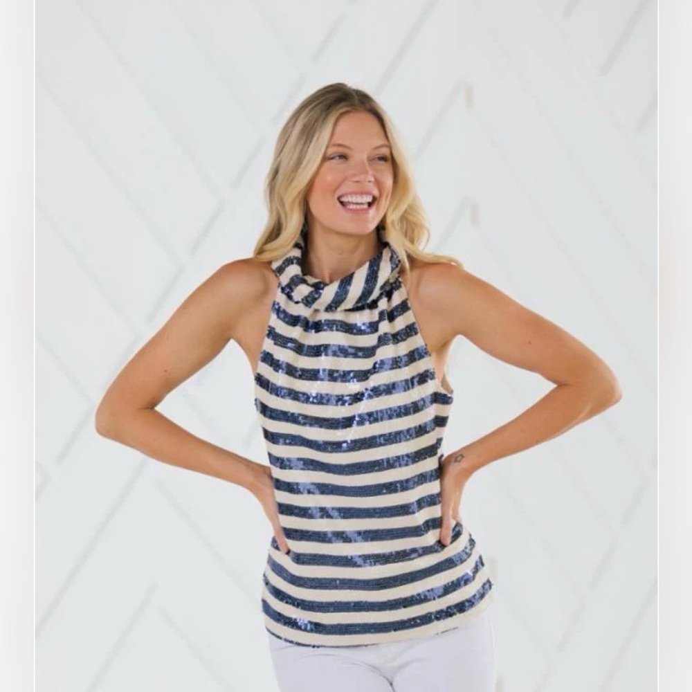 Sail to Sable Sequin Stripe Cowl Neck Halter Top Navy White Lined S/M
